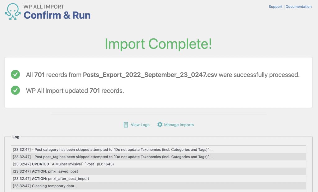 Bulk Edit WordPress Data Import Complete