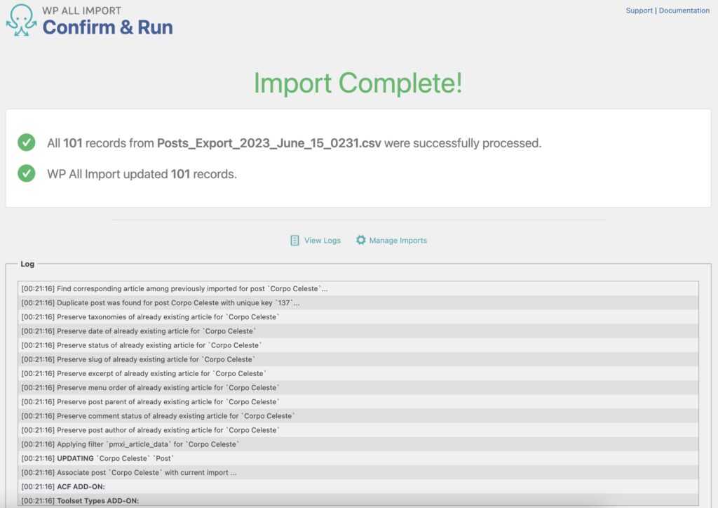 Bulk Edit WordPress Posts Import Complete