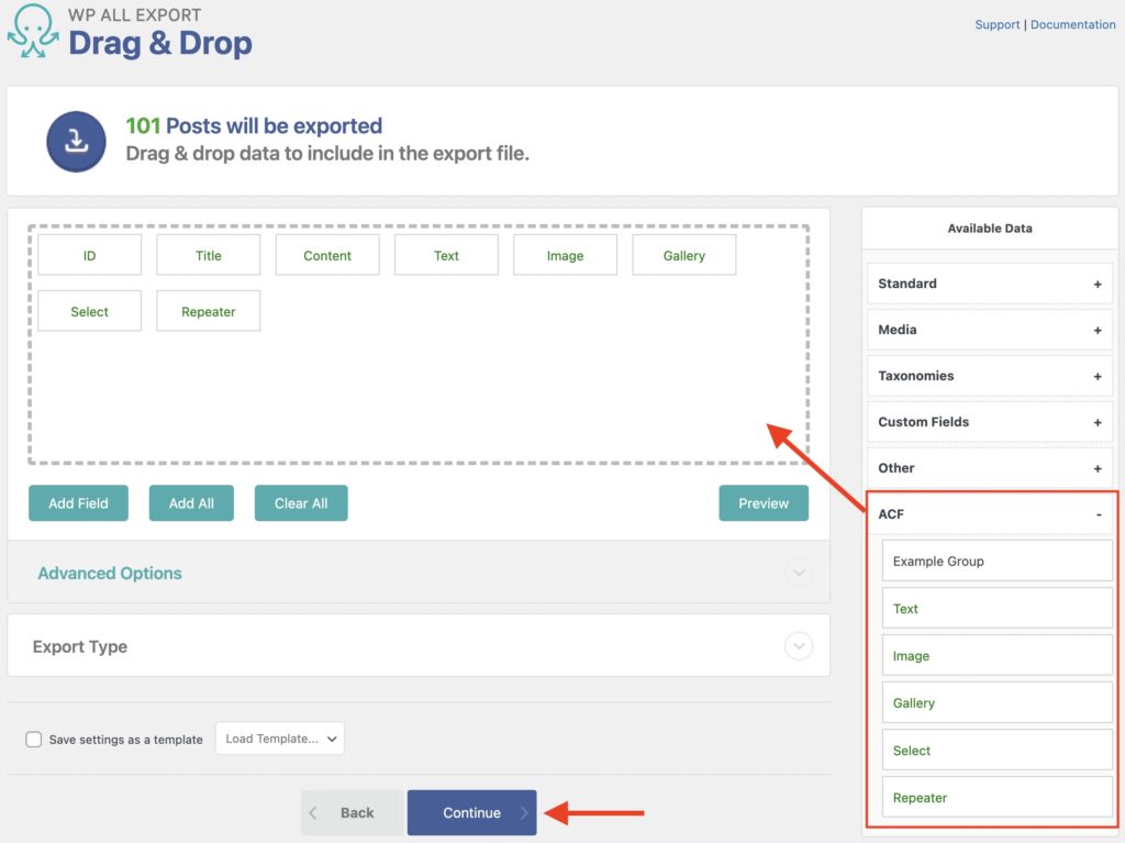Export Advanced Custom Fields Define and Choose