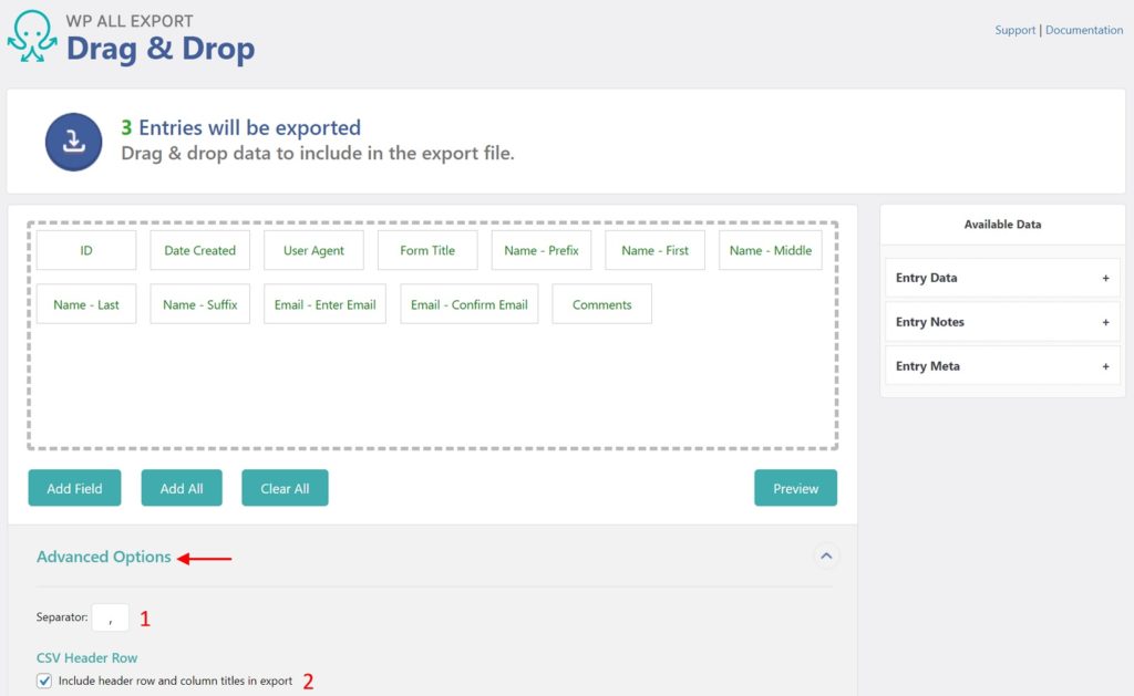 Export Gravity Forms Entries Advanced Options