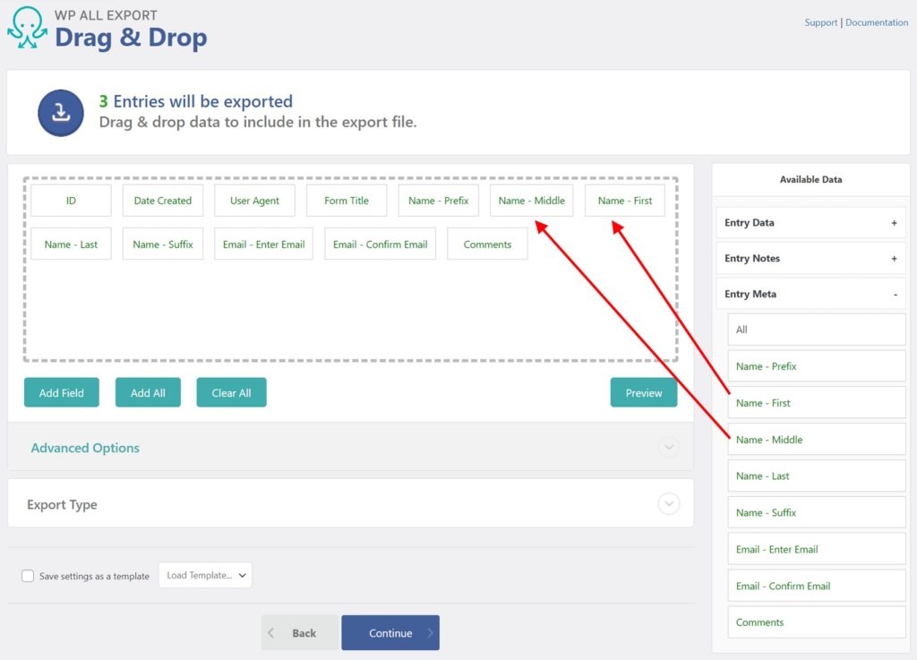 Export Gravity Forms Entries Drag and Drop