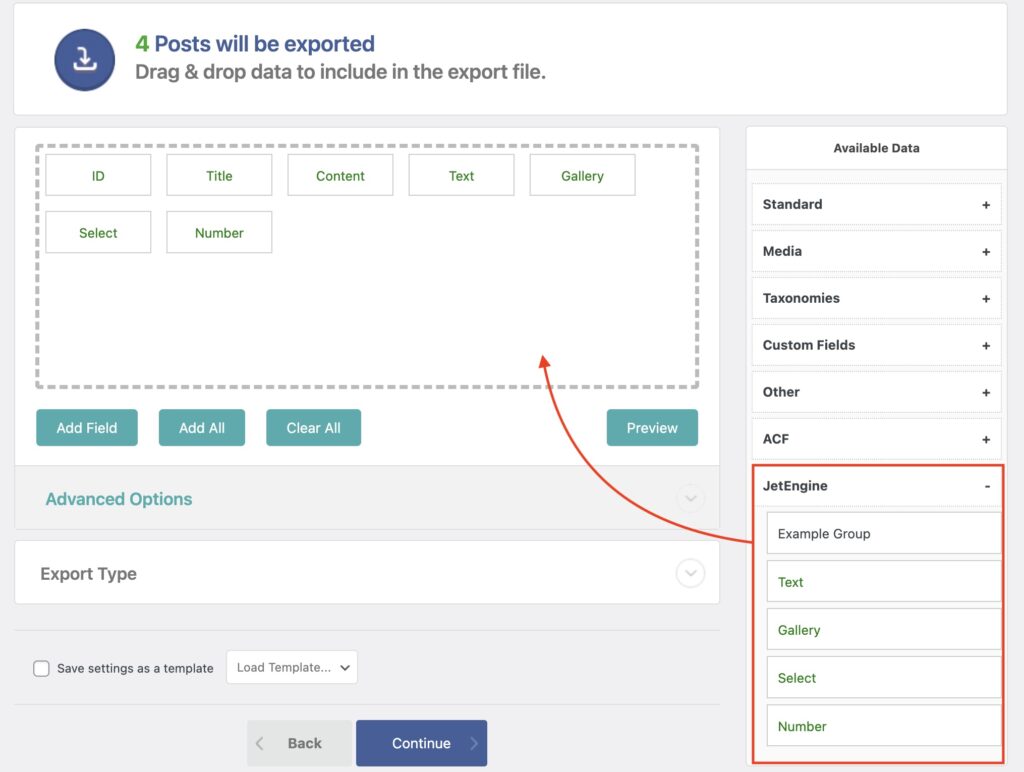 Export JetEngine Fields Drag and Drop from Available Data