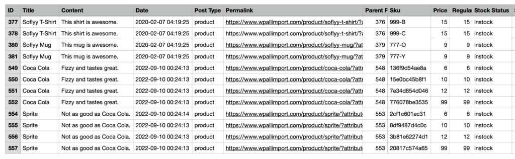 Export Variable Products Example Variations