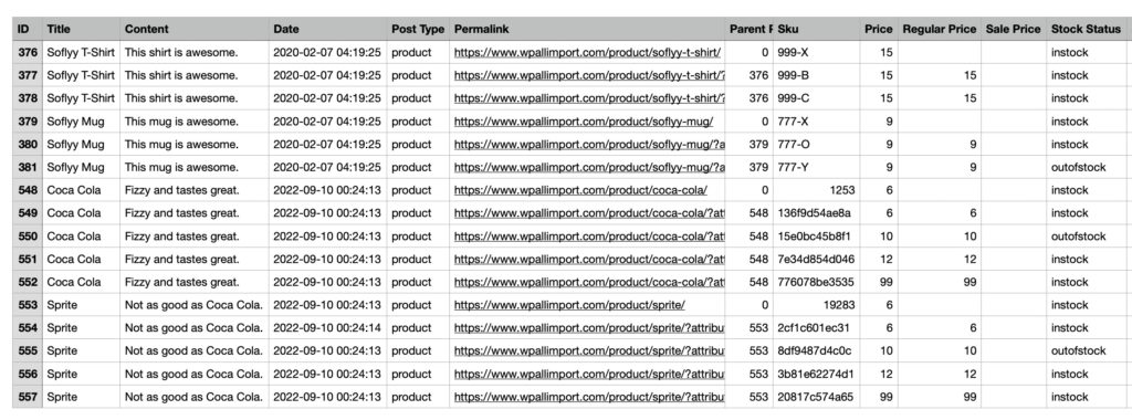 Export Variable Products Example Variations and Parents