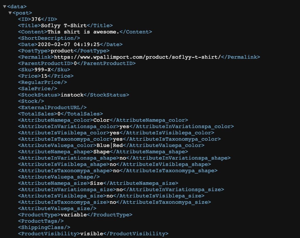 Export Variable Products Example XML