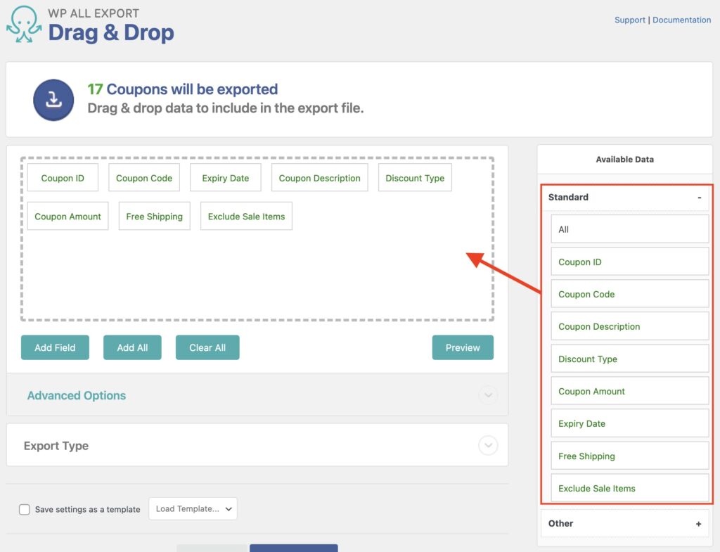 Export WooCommerce Coupons Drag and Drop Section