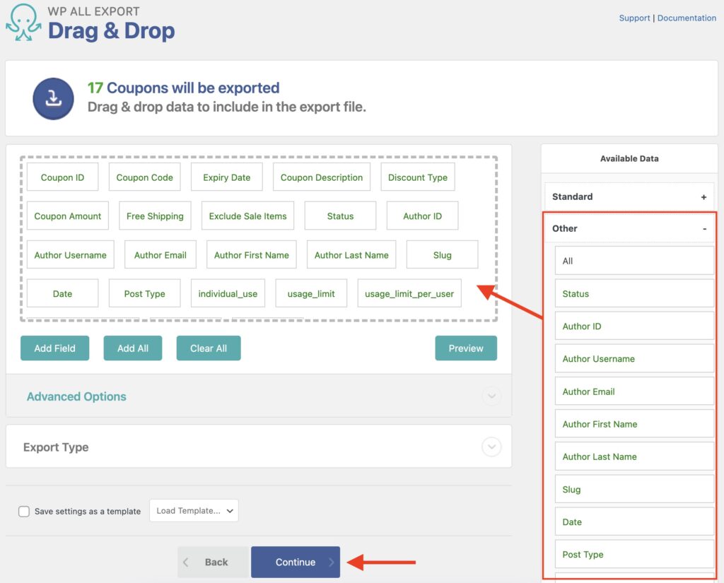 Export WooCommerce Coupons Other Section and Continue