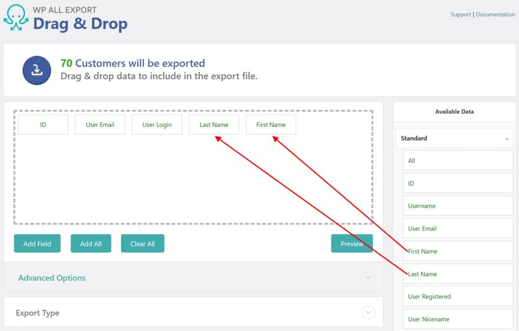 Export WooCommerce Customers Drag and Drop