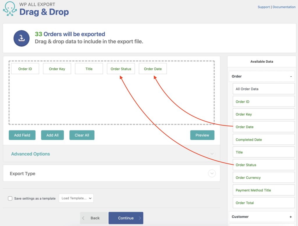 Export WooCommerce Data Drag and Drop