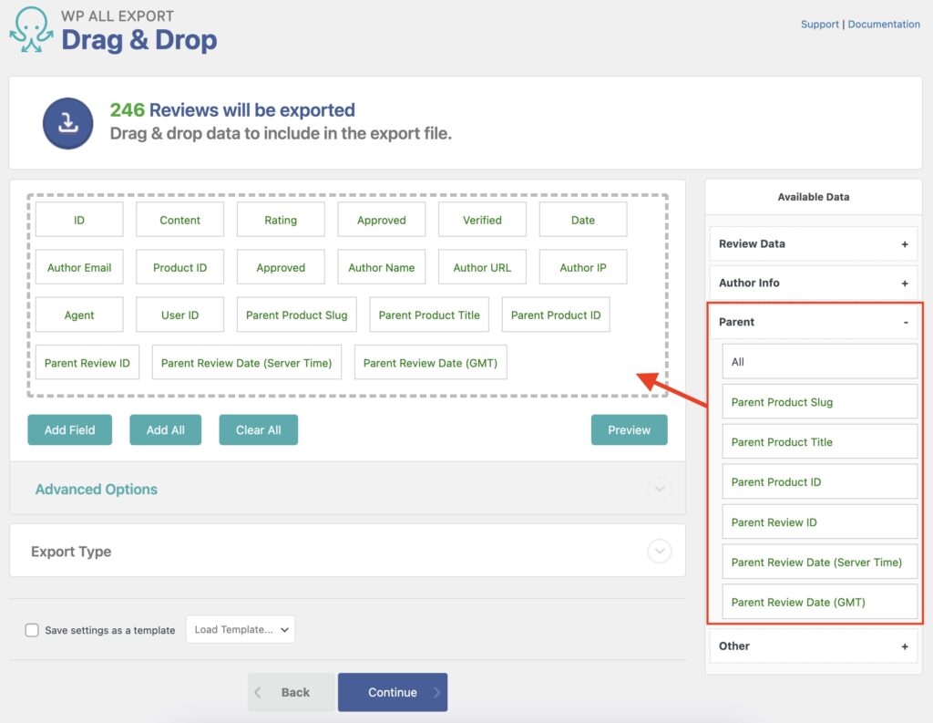 Export WooCommerce Reviews Parent Section