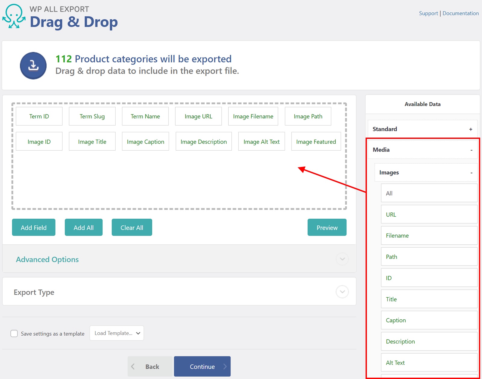 Export WordPress Categories Tags Media Images Fields