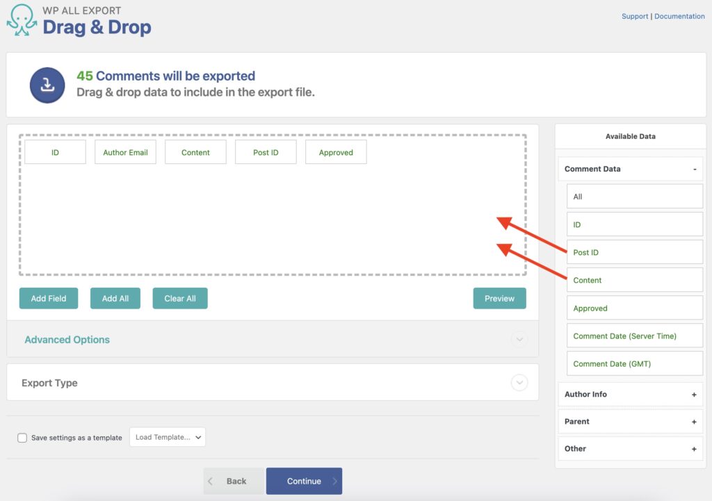 Export WordPress Comments Drag and Drop
