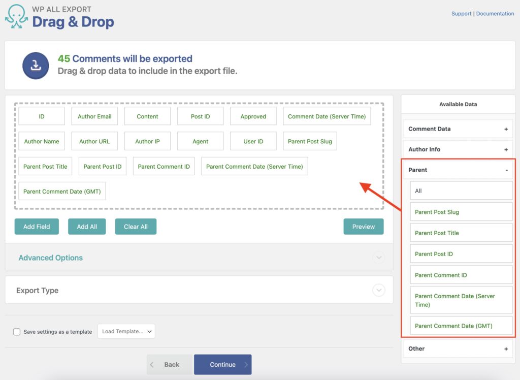 Export WordPress Comments Parent