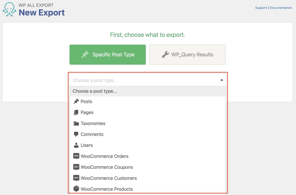 Export WordPress Create New Export