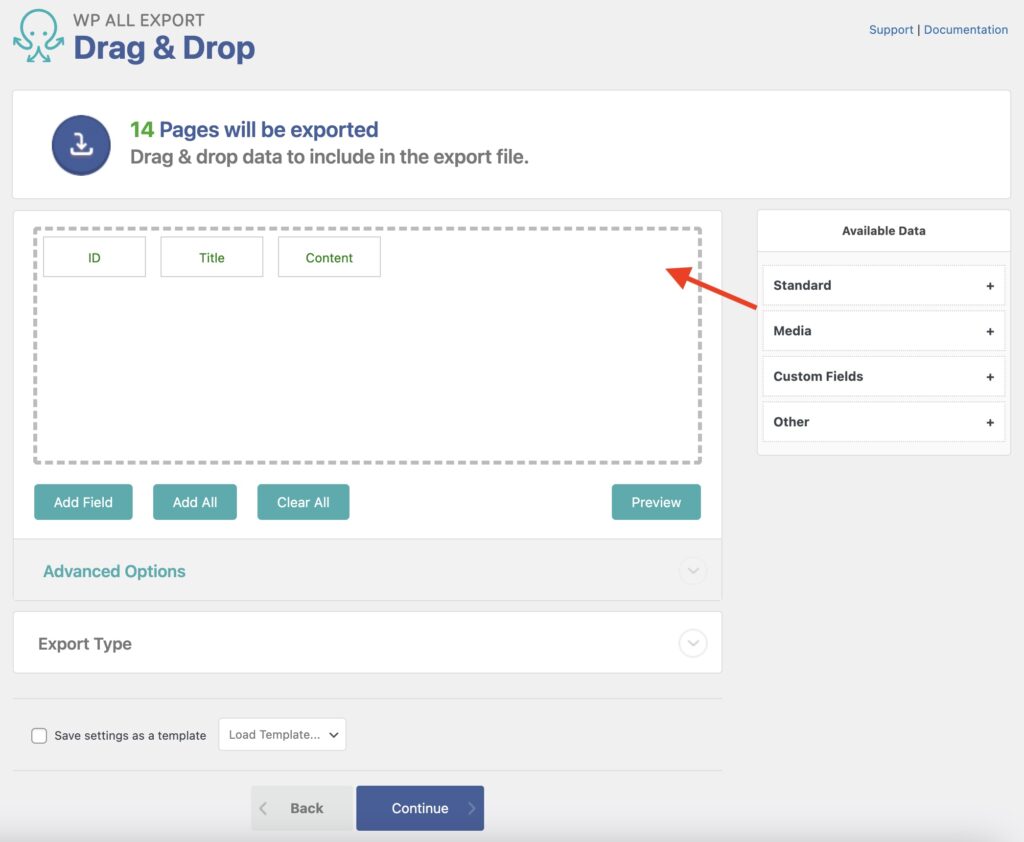 Export WordPress Pages Drag and Drop