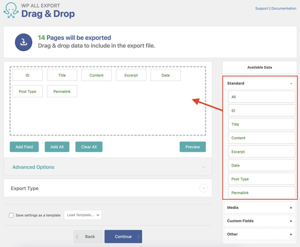 Export WordPress Pages Standard Data
