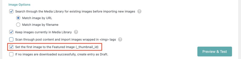 Image Options Set First Image as Featured Image
