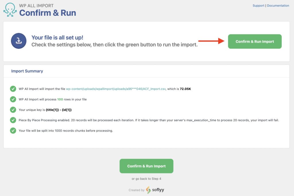 Import Advanced Custom Fields Confirm and Run Import