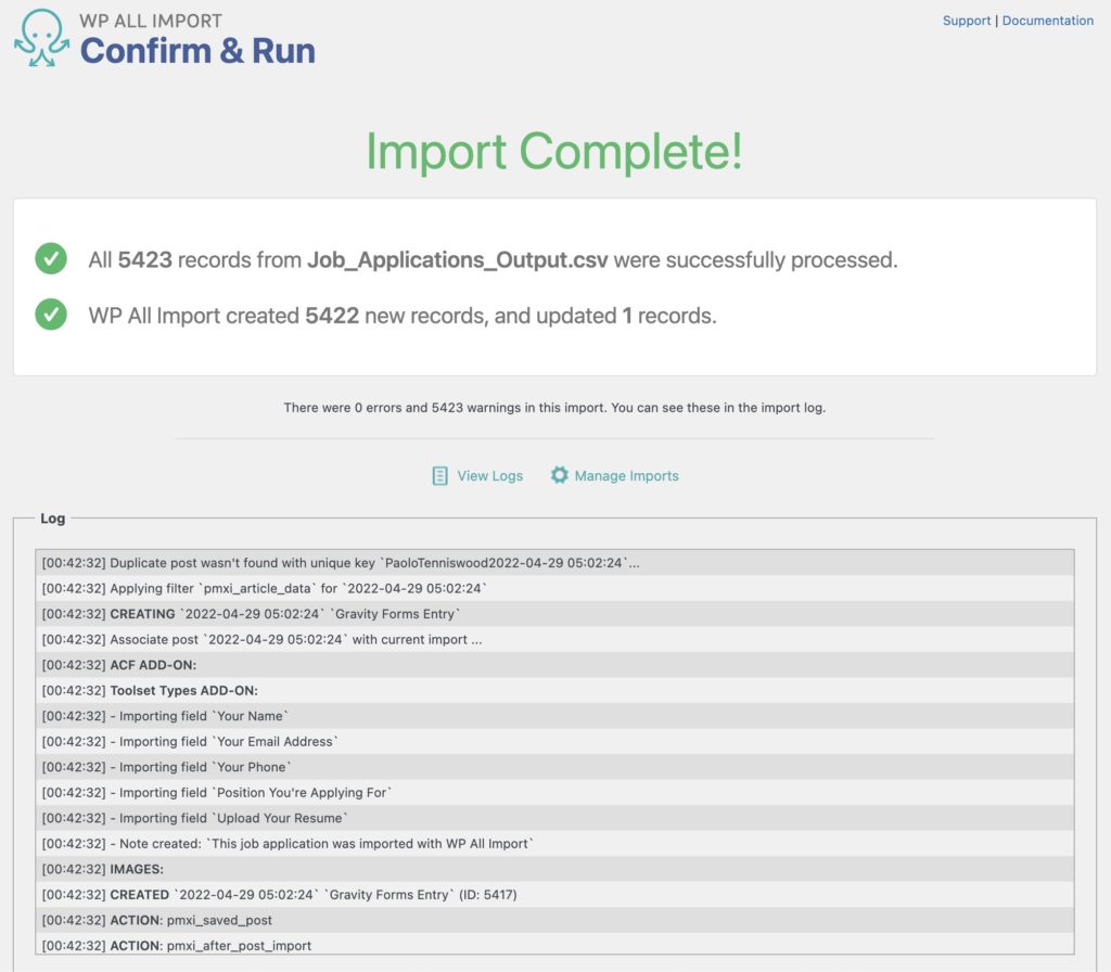 Import Gravity Forms Entries Import Complete