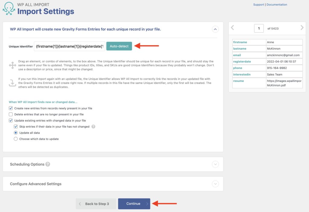 Import Gravity Forms Entries Import Settings