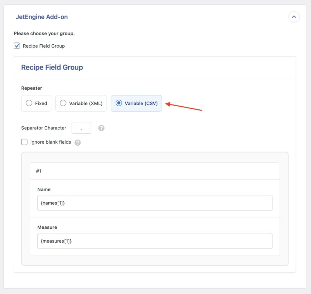 Import JetEngine Repeater Fields Example Variable CSV