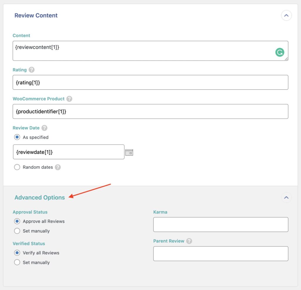 Import Reviews to WooCommerce Content Advanced Options