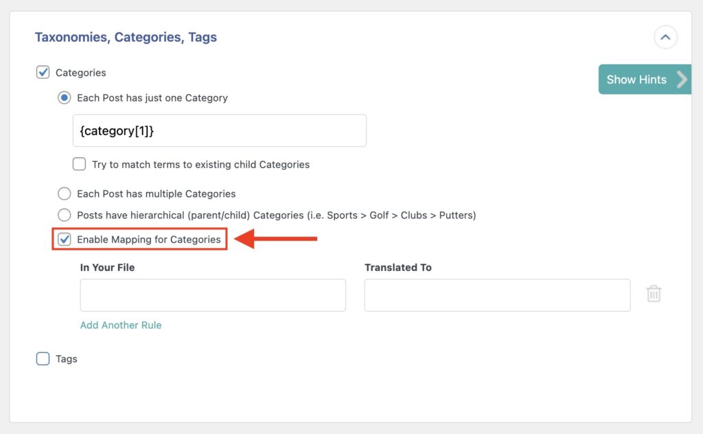 Import Taxonomies Enable Mapping for Categories