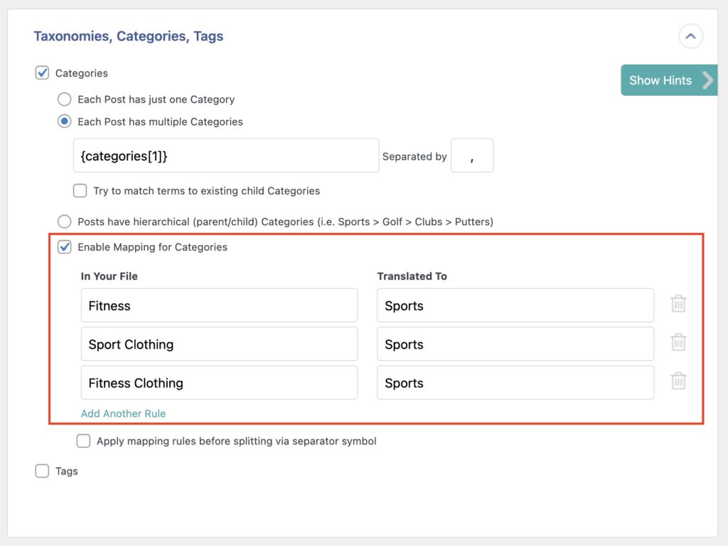 Import Taxonomies Example Map Categories