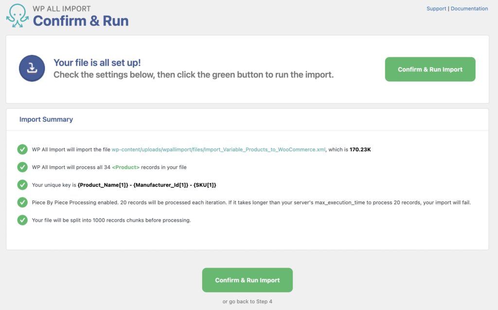 Import Variable Products Confirm and Run