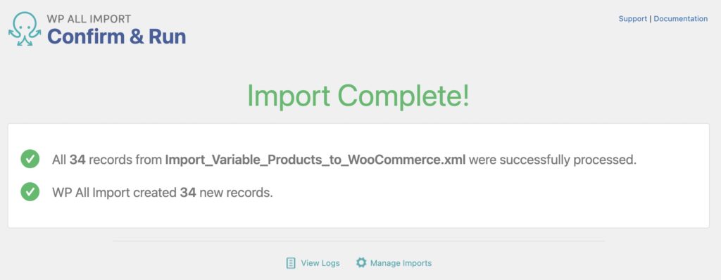 Import Variable Products Import Complete