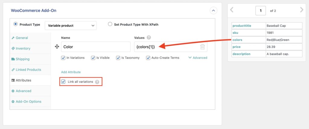 Import Variable Products Link All Variations