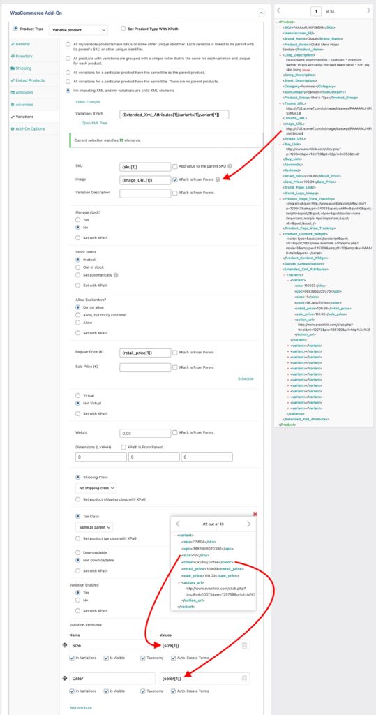 Import Variable Products Map XML with XPath