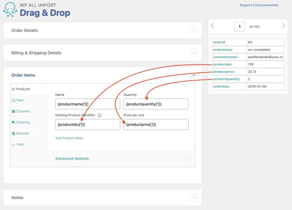 Import WooCommerce Orders Define Order Items Products