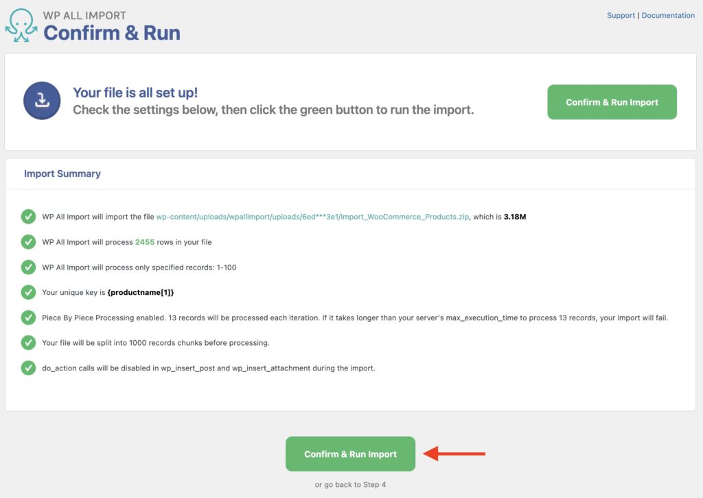 Import WooCommerce Products Confirm and Run