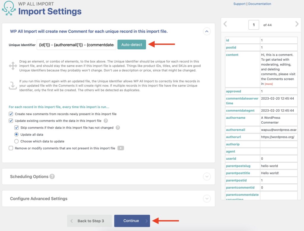Import WordPress Comments Import Settings