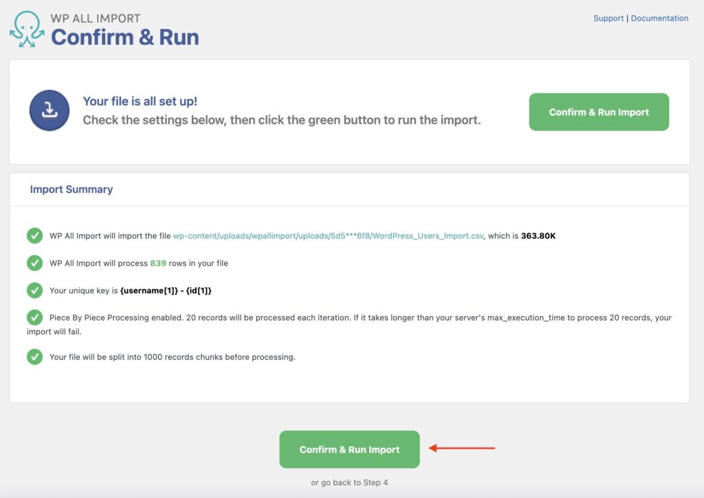 Import WordPress Users Confirm and Run