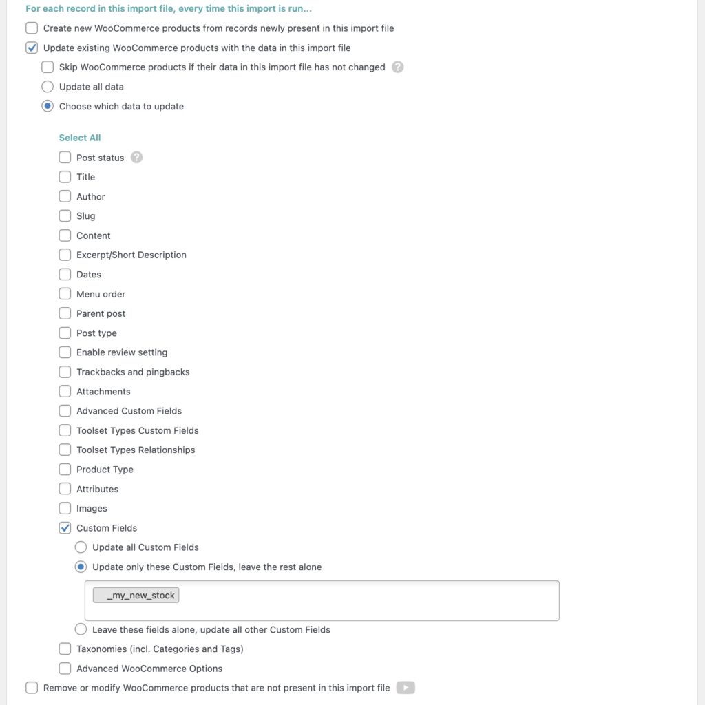 Increase Stock Define Custom Field to Update
