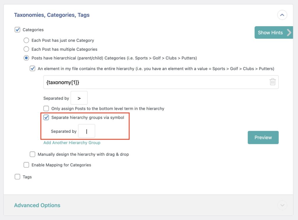 Multiple Nested Taxonomy Import Example