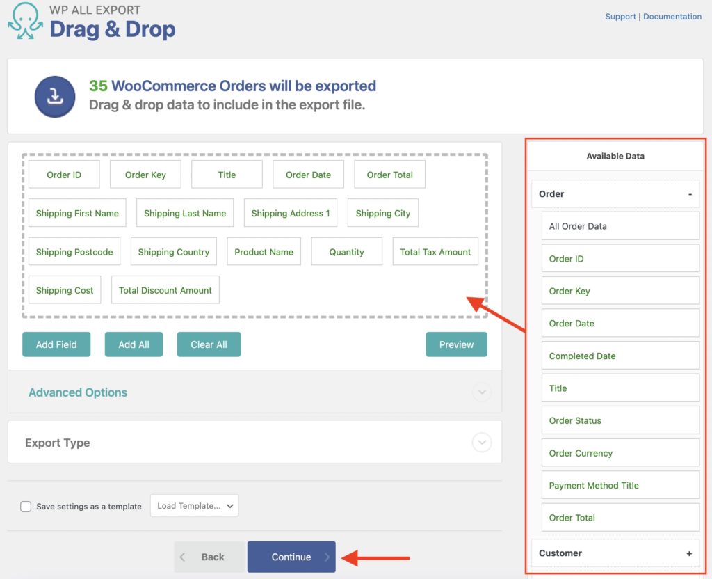 Real Time Export Set Up Export Columns