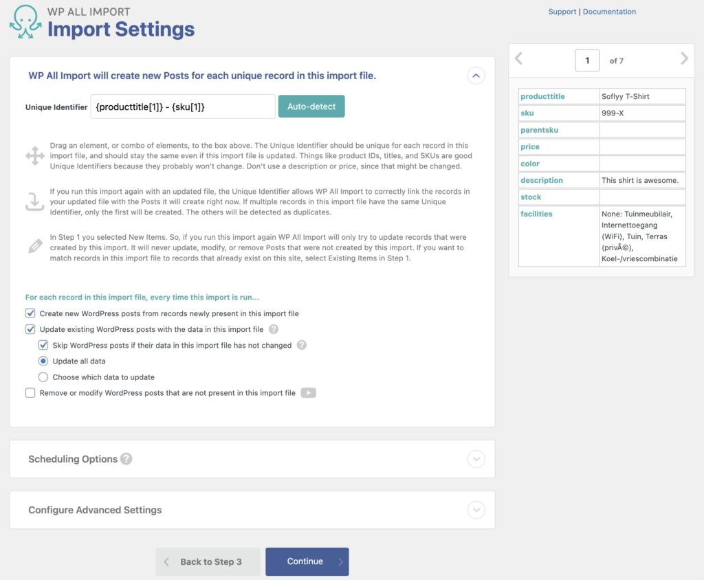 Unique Identifier Import Settings