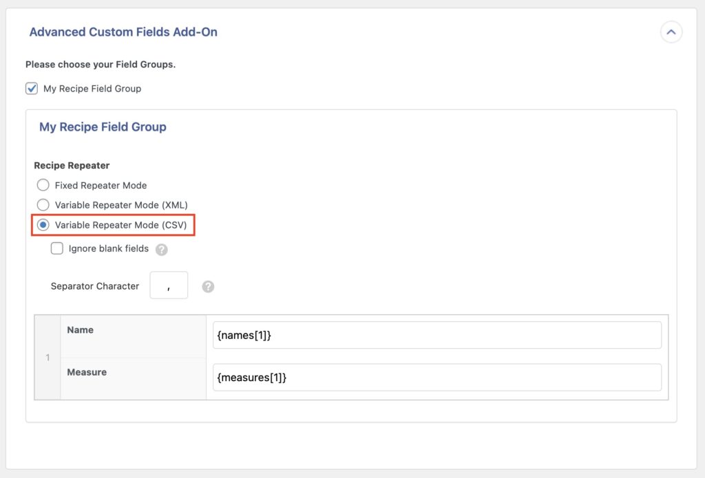 Variable Repeater Mode CSV Example