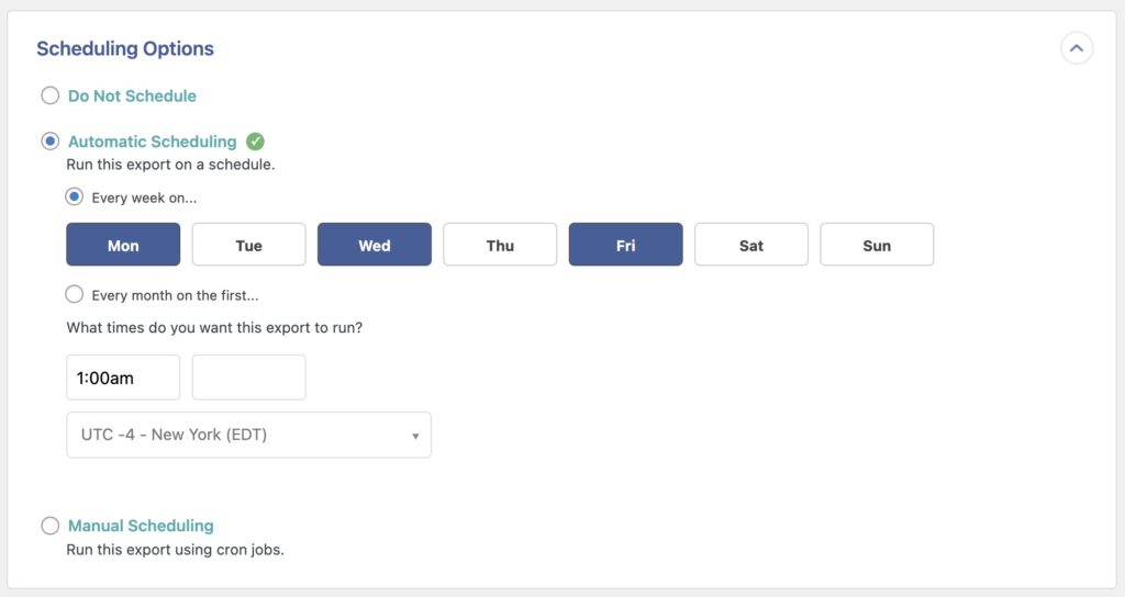 WP All Export Settings Scheduling Options