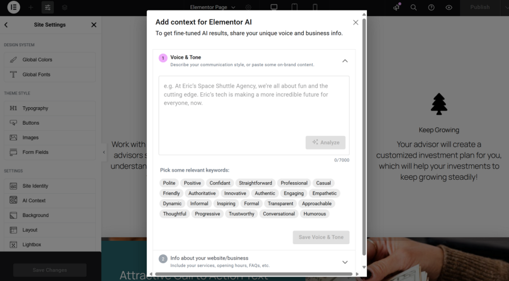 Add AI context in Elementor AI