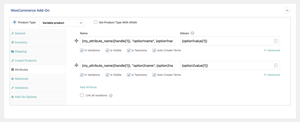 Attributes Tab in WooCommerce Add-On Products from Shopify