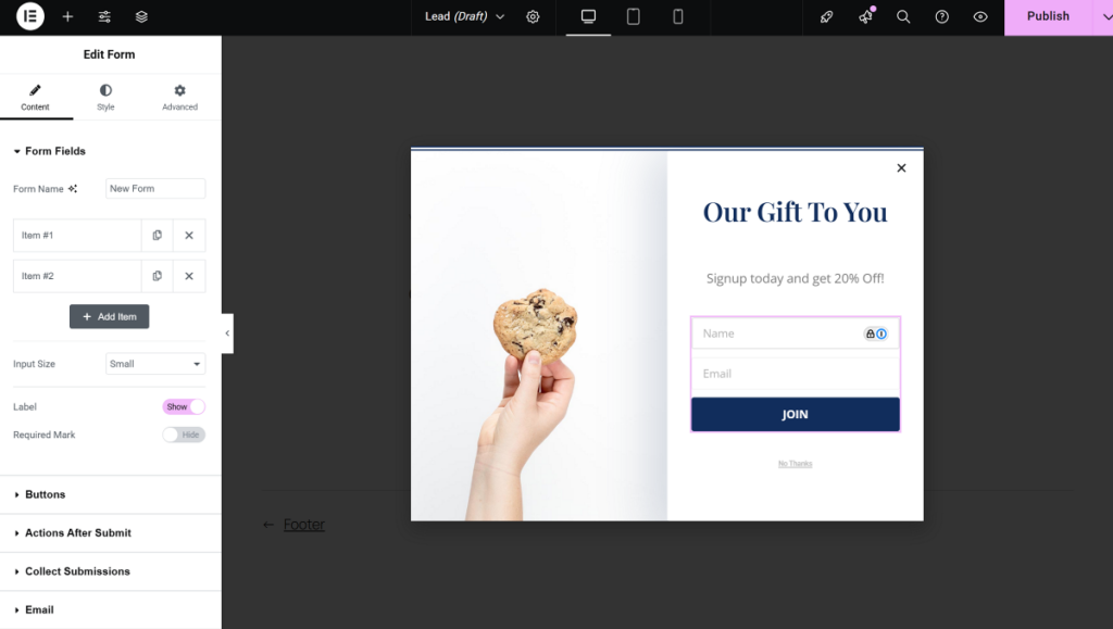 built-in popup builder in Elementor
