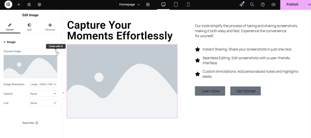 create image with AI in Elementor