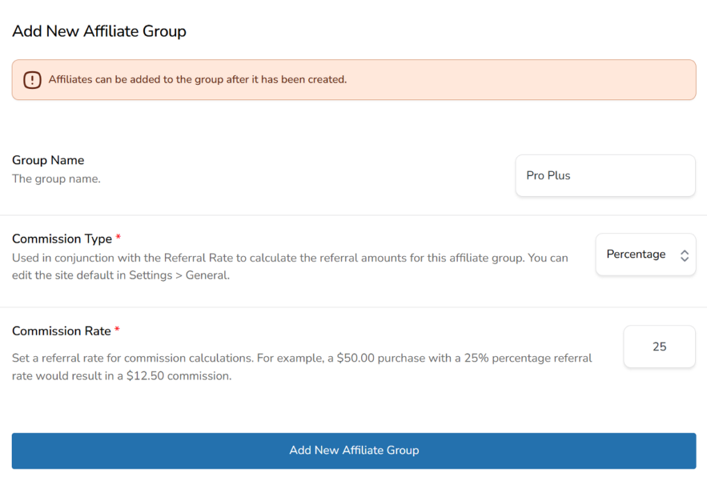custom affiliate commission based on affiliate group