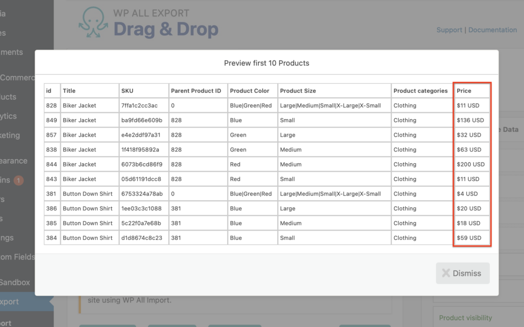 Custom Export Fields PHP Data Price