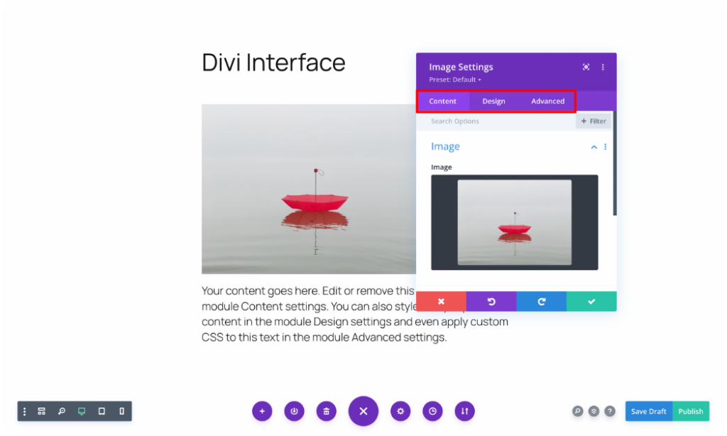 Divi builder editing panels