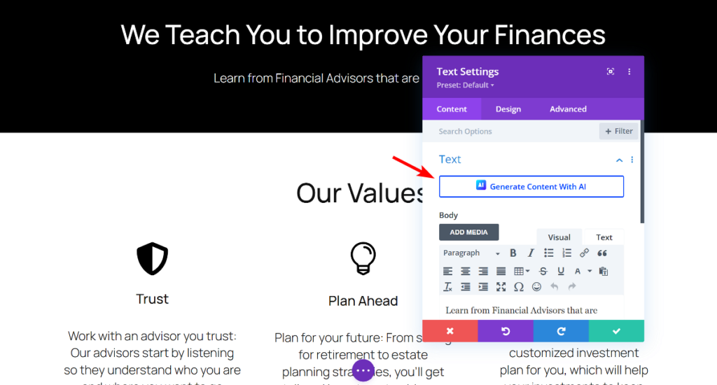 Divi generate content with AI